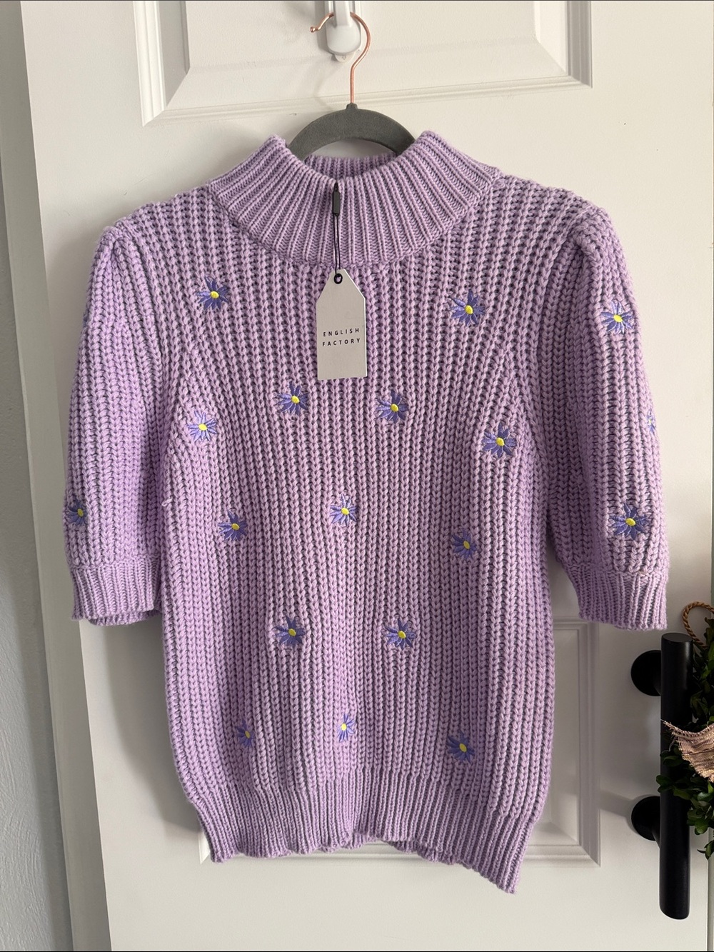 English Factory Lavender Daisy Embellished Ribbed Mock Neck knit Sweater
